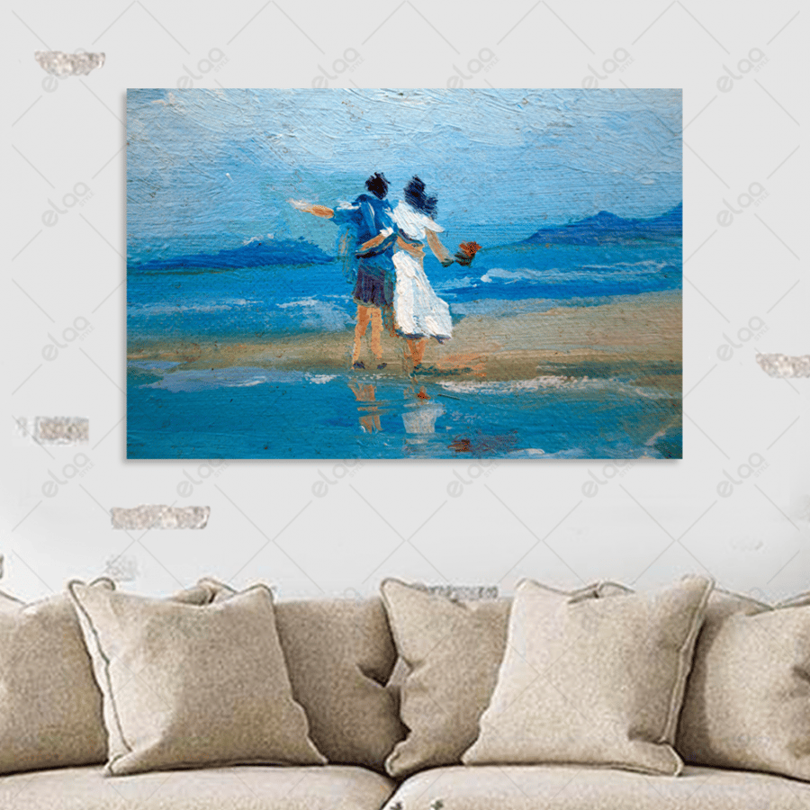 A artistic painting of a couple with flowers on the beach