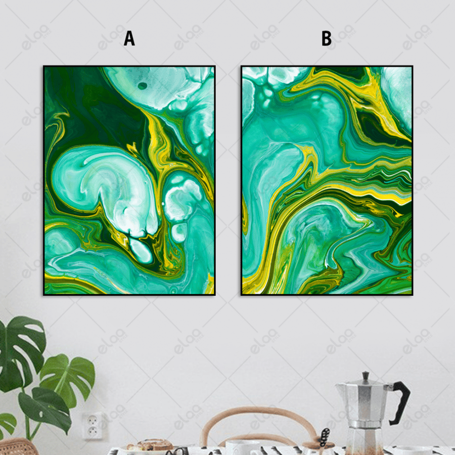 Abstract art paintings in emerald, blue, and yellow colors