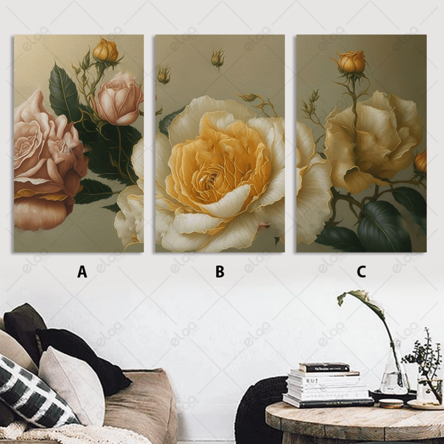 Abstract art paintings of a flower of the rose and leaves of the tree