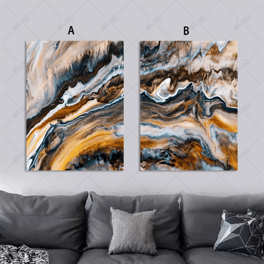 Abstract art paintings in brown, gold, and dark blue colors