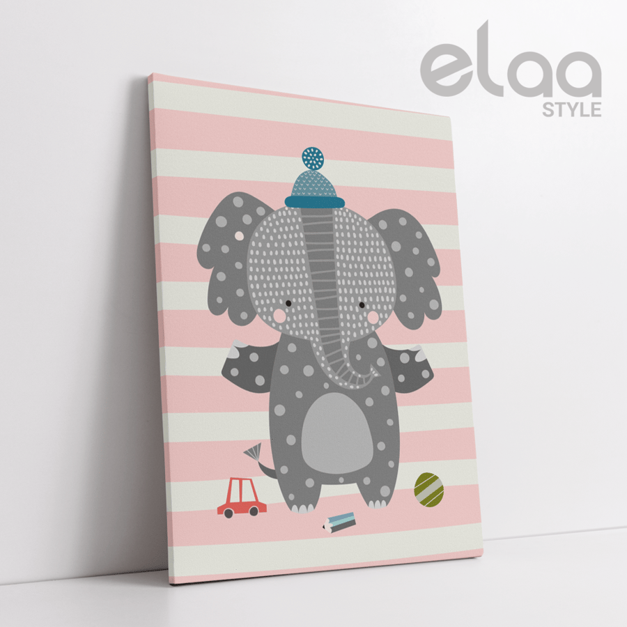 A artistic painting of an elephant baby in the hat