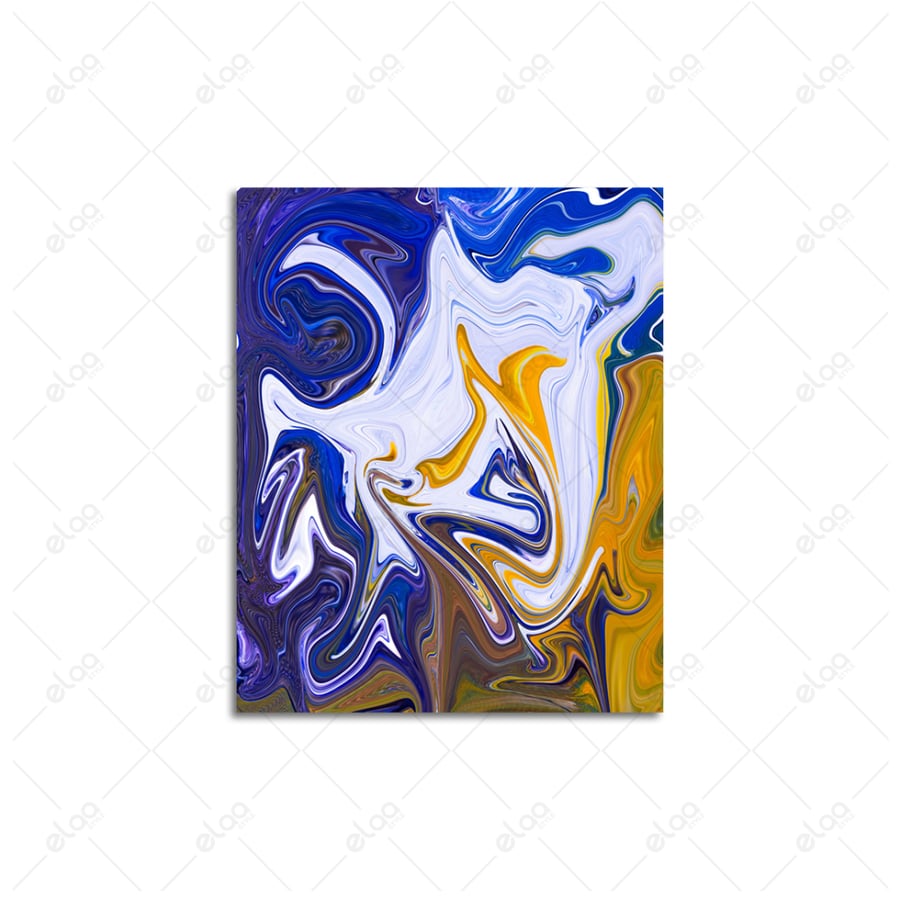 Abstract art painting in blue, yellow, and white