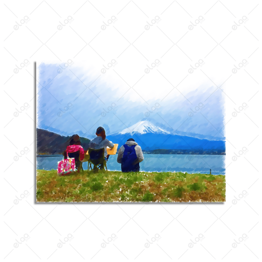 Abstract art painting of a child drawing a snowy mountain