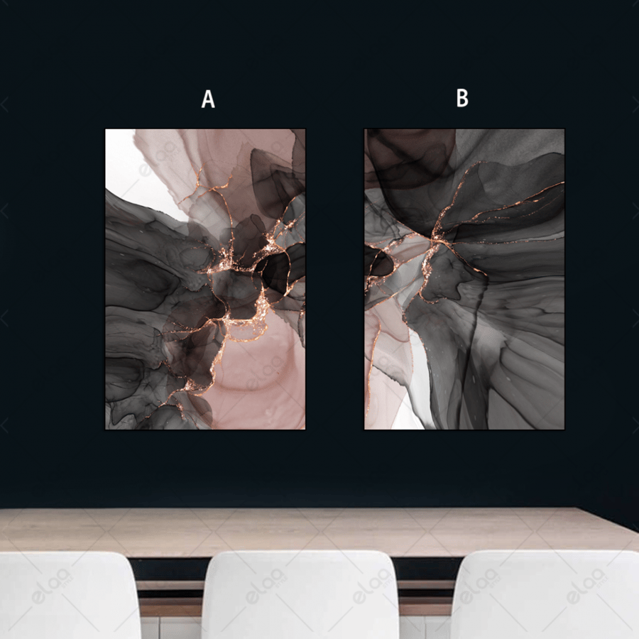 Abstract art paintings in black with gold veins
