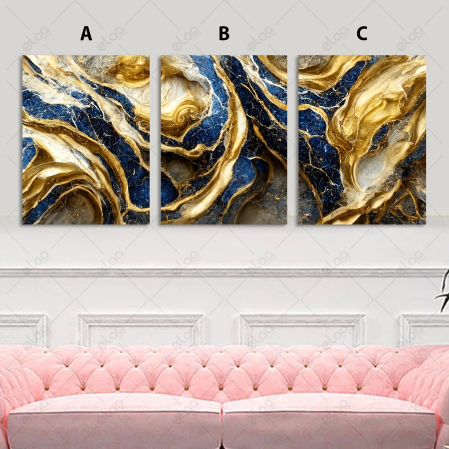 Abstract art paintings in shades of gold and blue