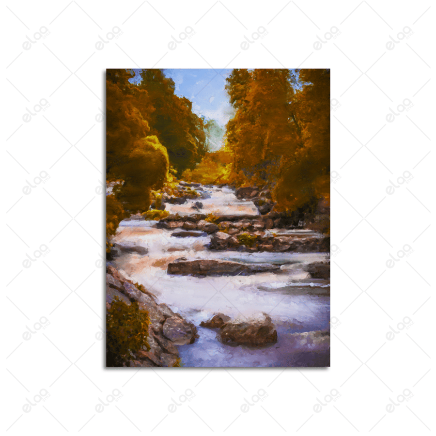 Abstract art painting of a flowing river in the forest