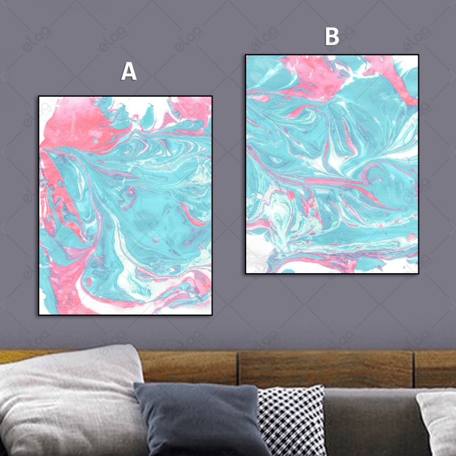 Abstract art paintings in shades of blue and pink