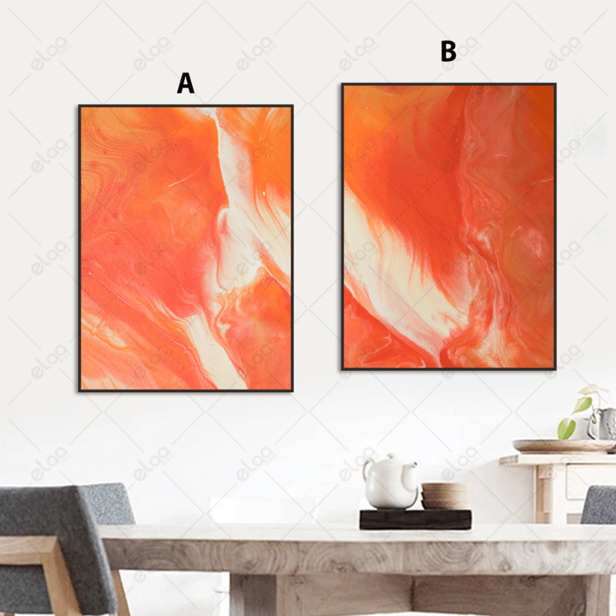 Abstract art paintings in orange and white