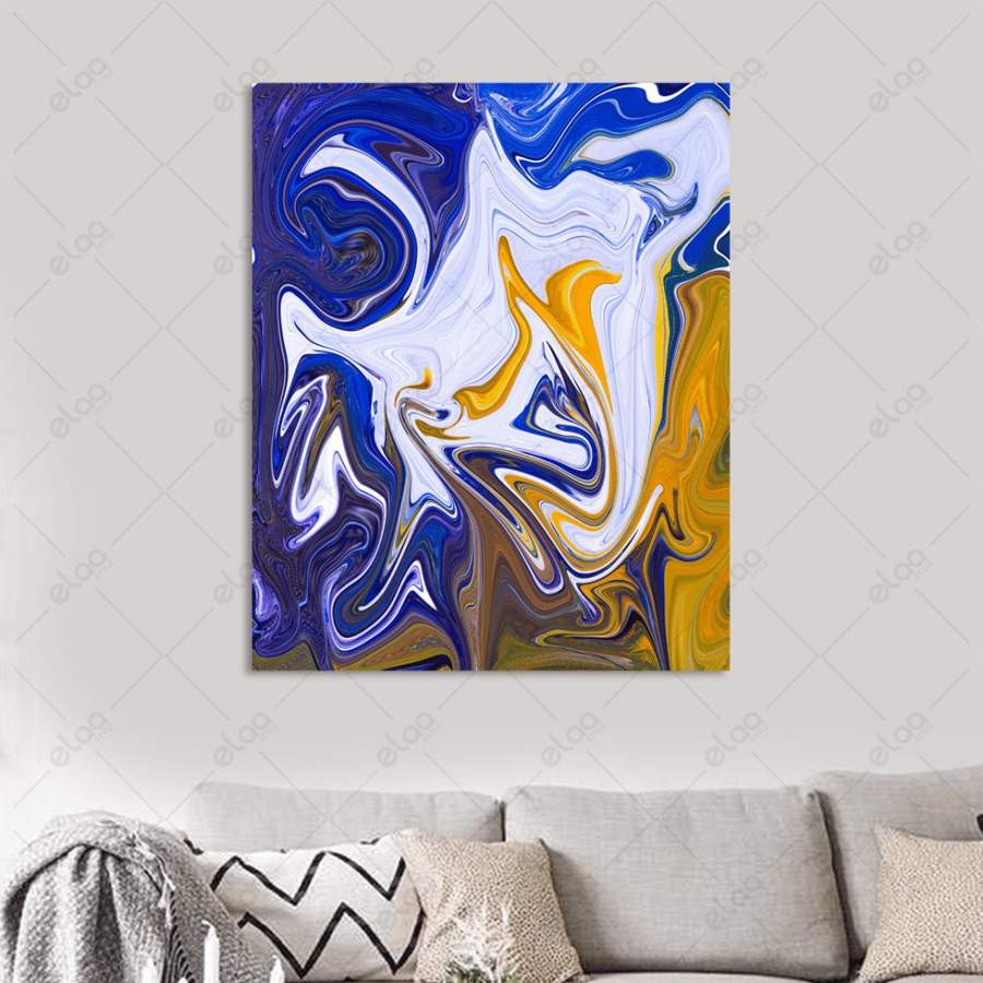 Abstract art painting in blue, yellow, and white