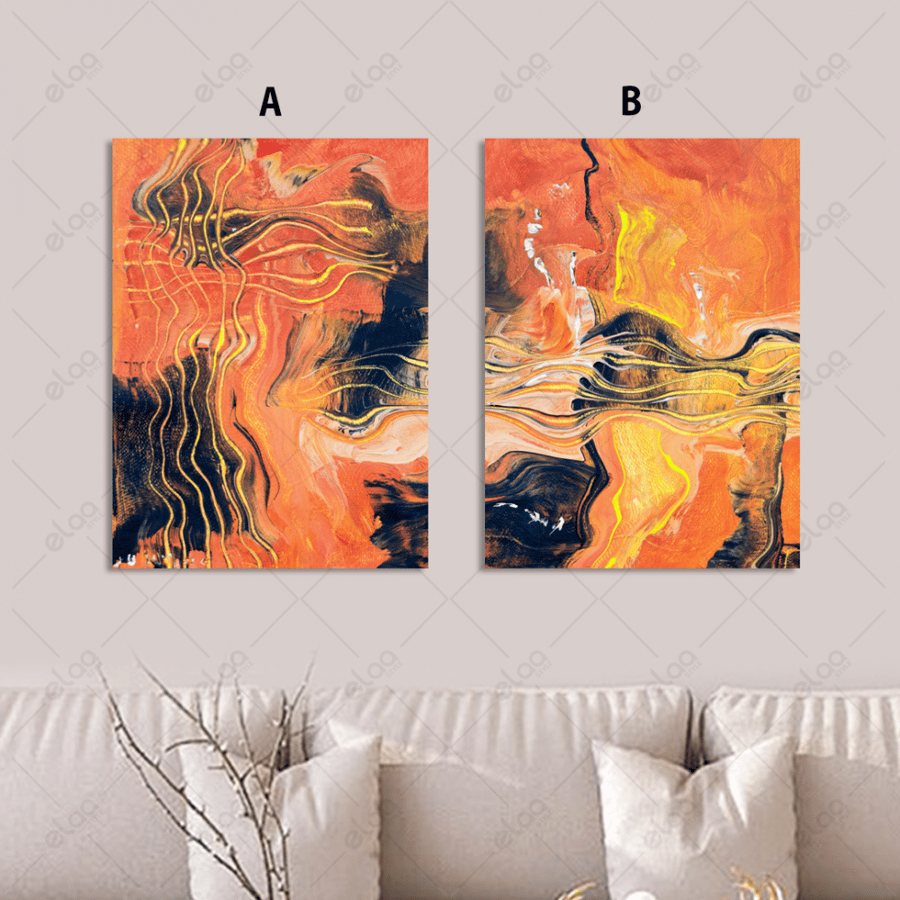 Abstract art paintings in orange, yellow, and black colors
