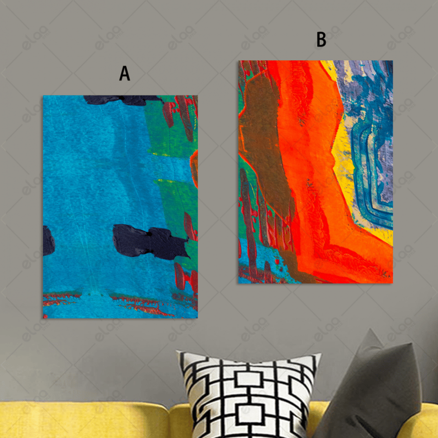 Abstract art paintings in shades of blue and red