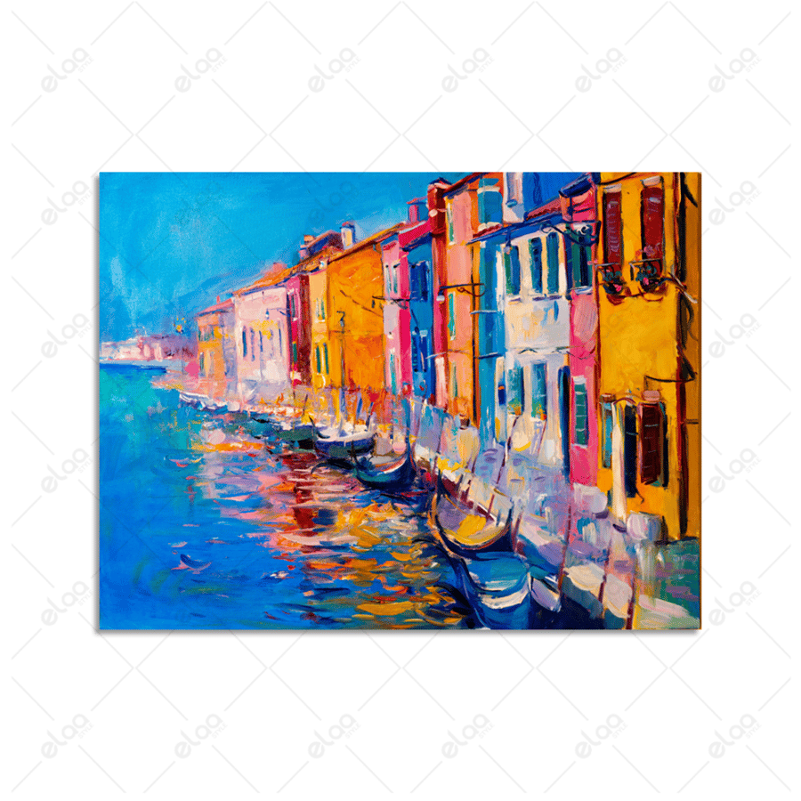 Abstract art painting of houses with multiple colors