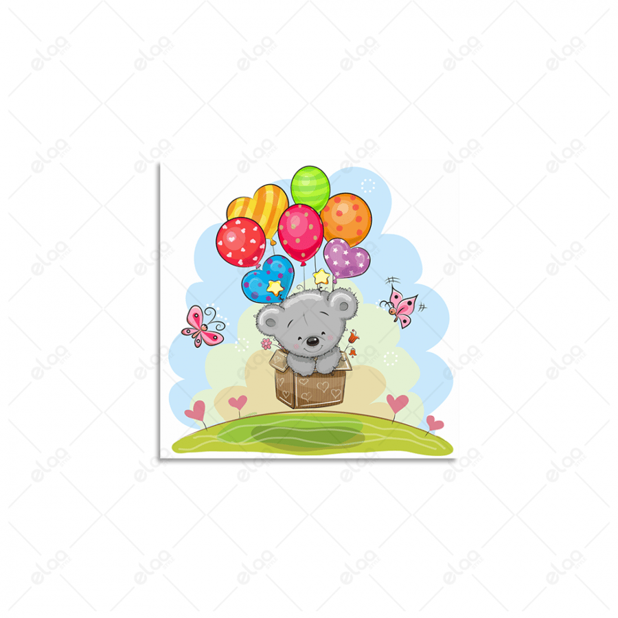 A artistic painting of a teddy bear in the box flying on balloons