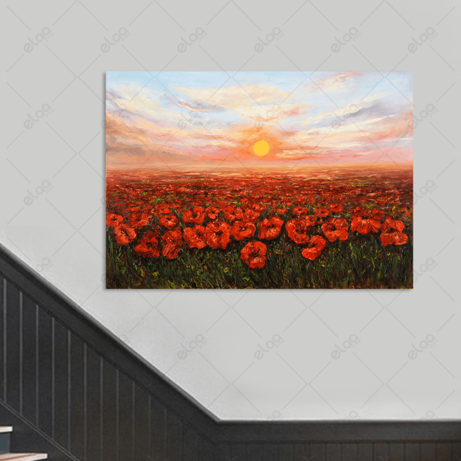 Abstract art painting of a poppy field