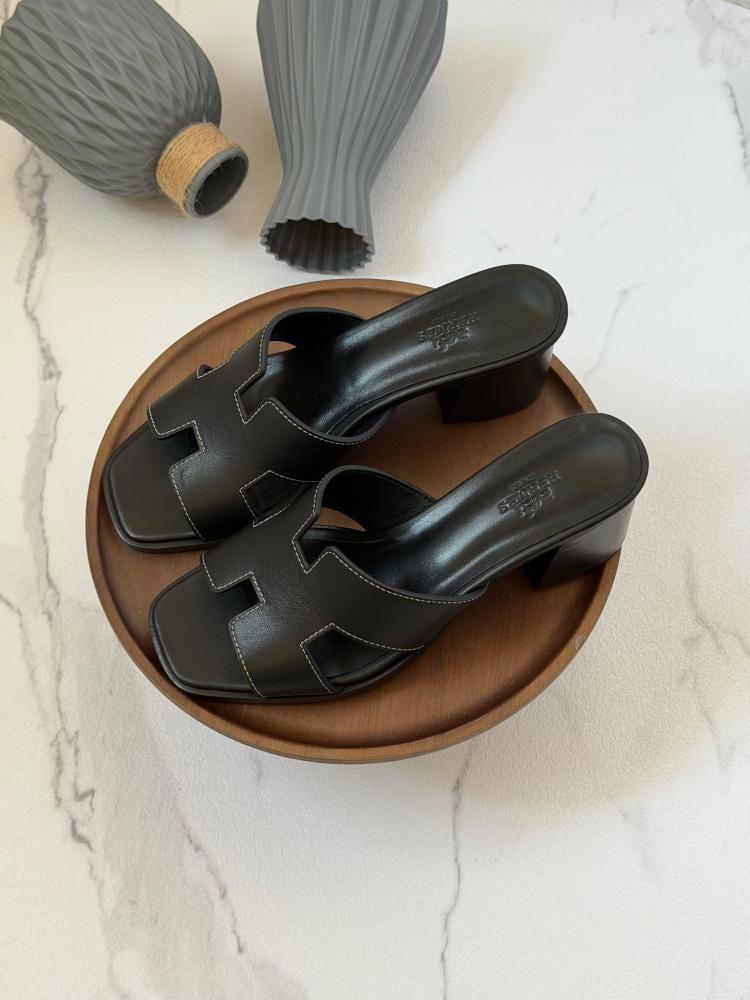 H Style Mid Heel Leather Mules