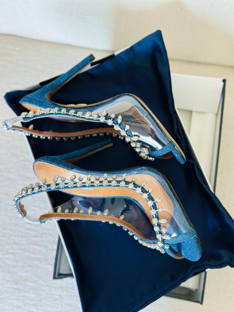AQUAZZURA Crystal Trim Denim High Heel Sandals