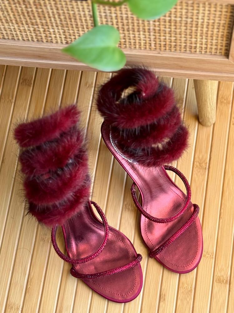 René Caovilla shearling high heel sandal