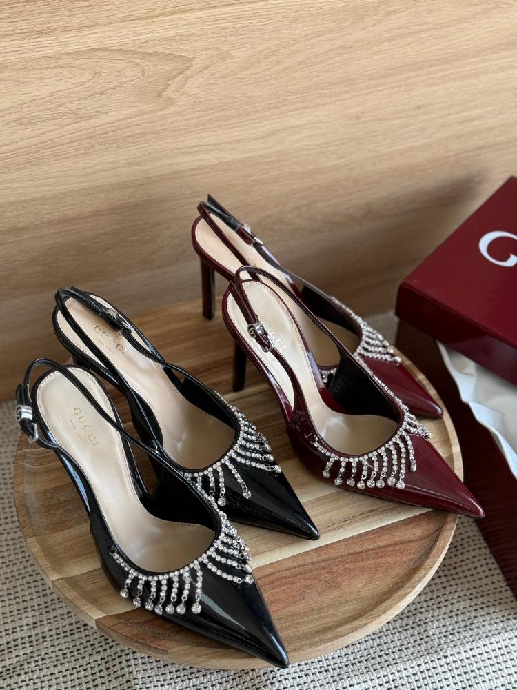 Gucci Crystal Fringe Patent Slingback Heels