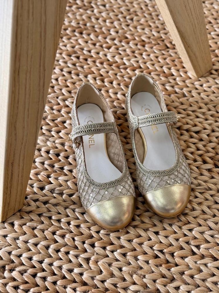 Chanel Gold Cap Toe Lace Ballerina Flats