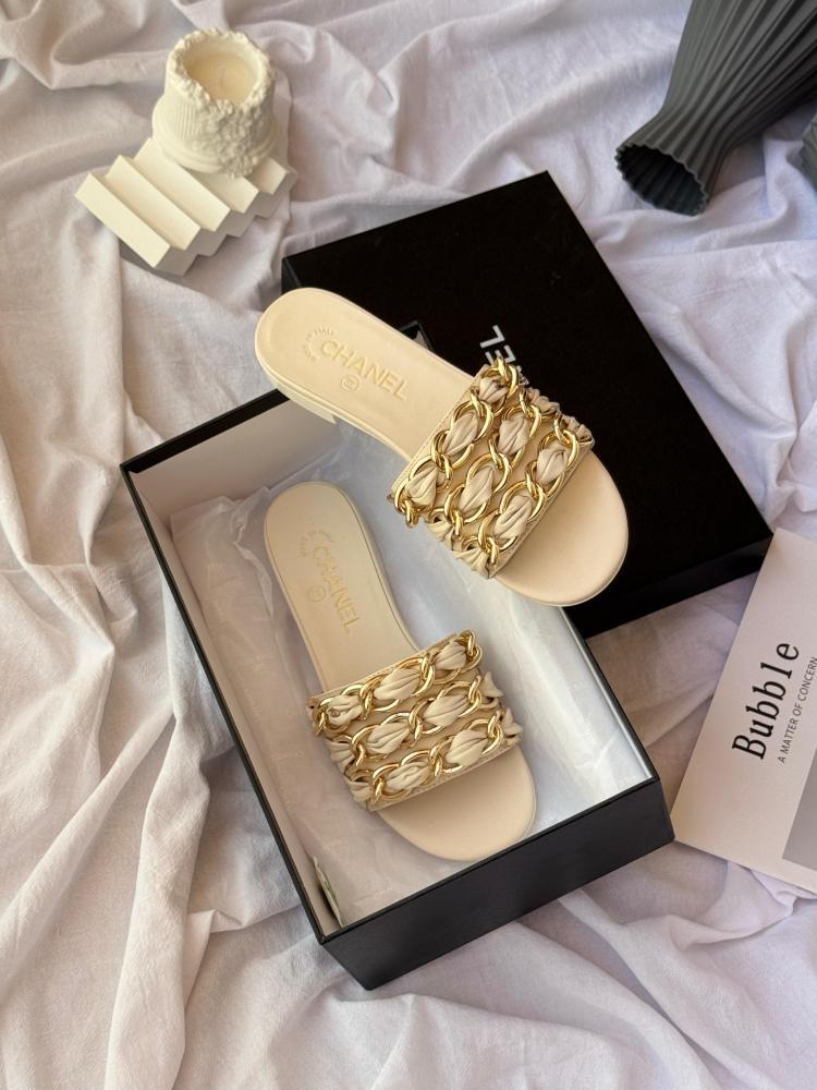 Chanel Chain Slide Sandals Beige