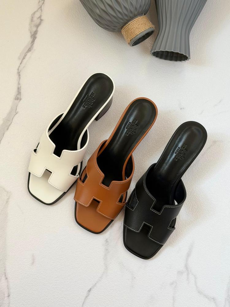 H Style Mid Heel Leather Mules