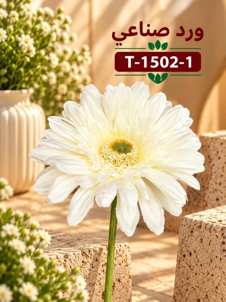 زهرة جربارة مخملية صناعية على ساق - كريمي | T-1502-1