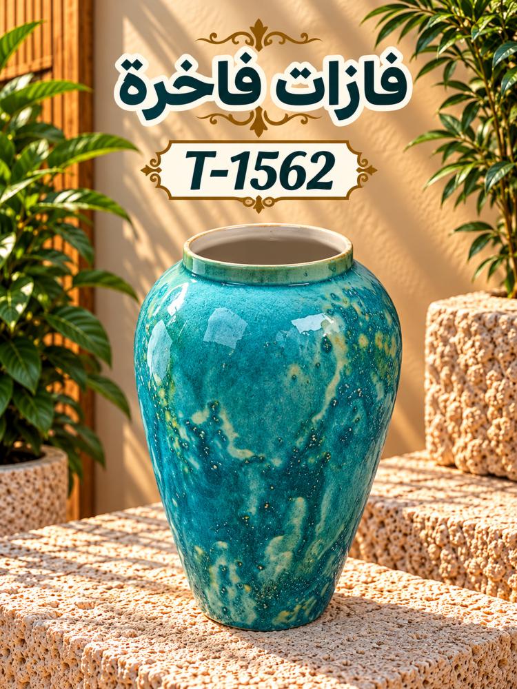 مزهرية سيراميك ديكورية بتصميم أنيق باللون أبيض وأزرق - 27×17 سم | T-1562