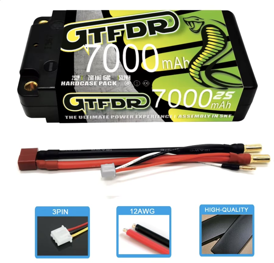 GTFDR 7.6V 2S 5MM SHORTY HV 7000MAH 150C RC Lipo Battery T Deans Plug 1/10