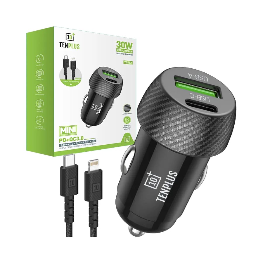 TENPLUS Mini fast car charger 30W with Lightning cable – USB-C and USB-A