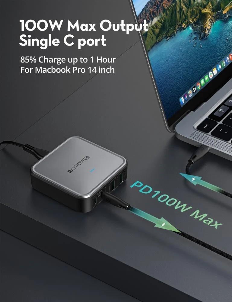منصة شحن راف باور بقوة 100 واط بمنفذين تايب سي ومنفذين USB-A
