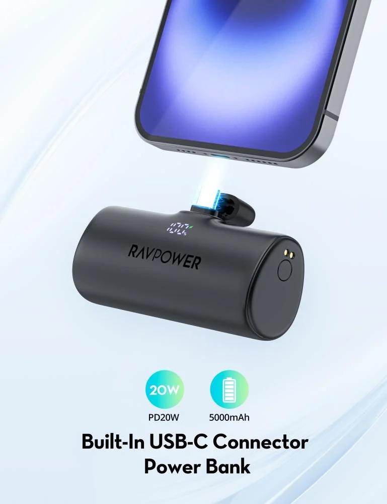 Power bank RAV Power Mini with a capacity of 5000 mAh, with a built-in Type-C charger and a Type-C port with 20-watt power, with a Type-C to Type-C cable