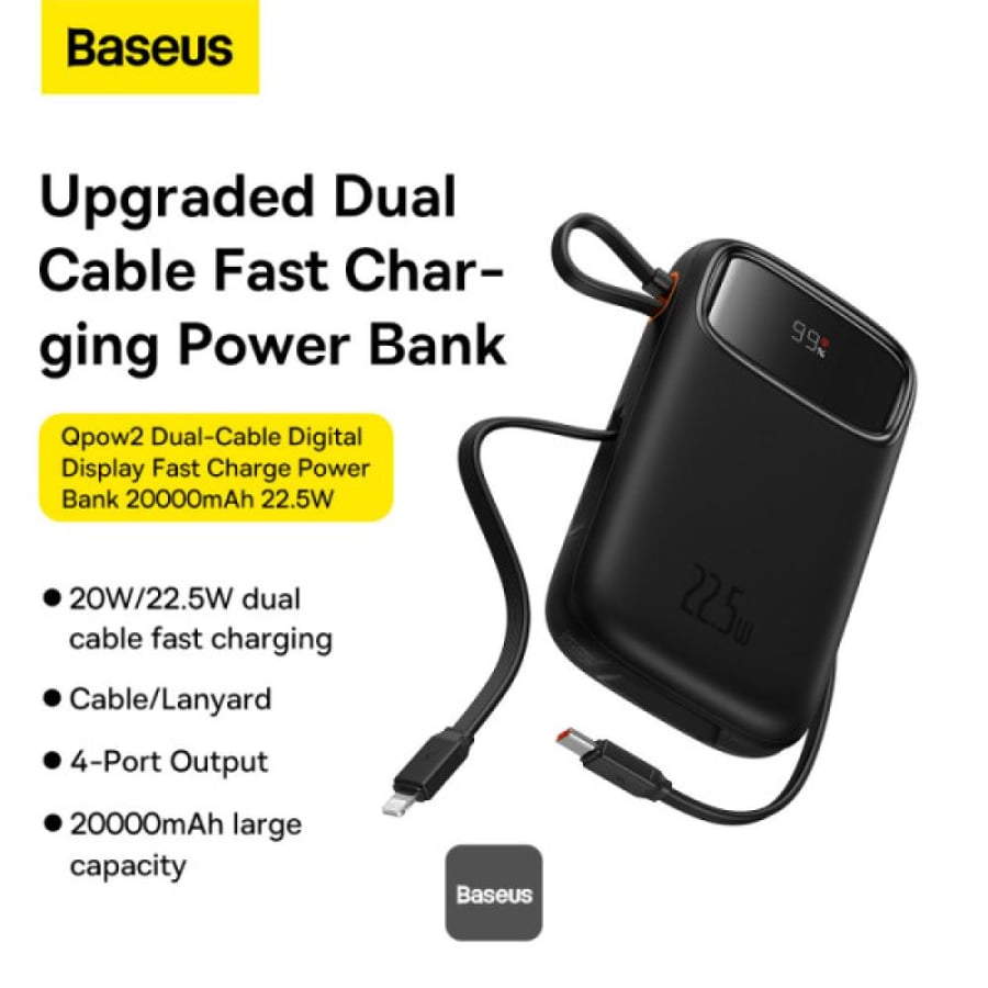 Power bank Baseus capacity 20000 mAh with cable dual Lightning and Type-C with power 22.5 watts