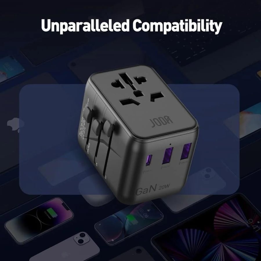 JODA multi-port travel fuse 20 watts with two USB ports and one Type-C port