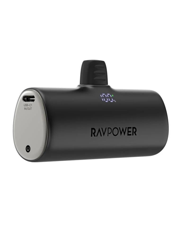 Power bank RAV Power Mini with a capacity of 5000 mAh, with a built-in Type-C charger and a Type-C port with 20-watt power, with a Type-C to Type-C cable