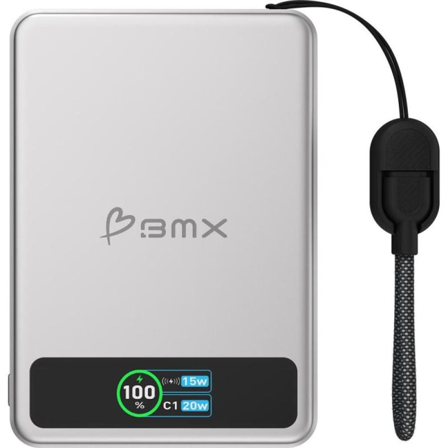 BMX SolidSafe 5000 mAh Magnetic Power Bank with Solid-State Technology, Extra Safe, Qi2, Qi/PMA, 5000 mAh, Single USB-C, Silver