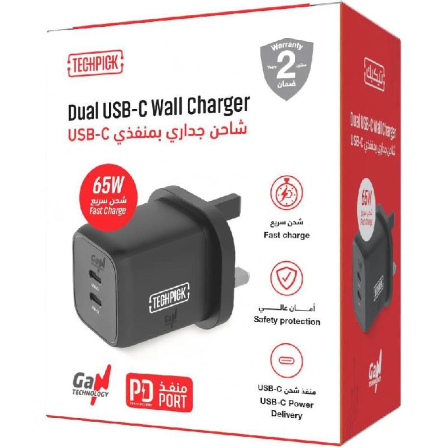Techpick Dual USB-C GaN Wall Charger with PPS 65W, USB PD (Power Delivery), 65 Watts, Dual USB-C, Black