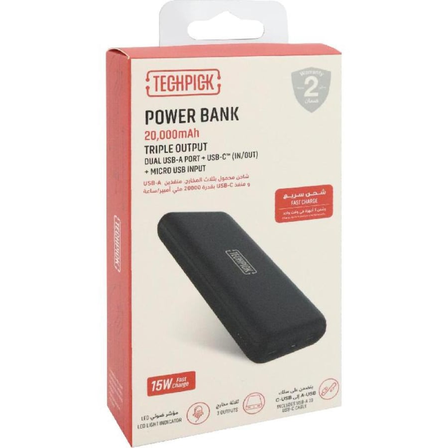 Techpick Power Bank, Fast Battery Charging, 20000 mAh, 3 USB (2X USB/1X USB-C), Black