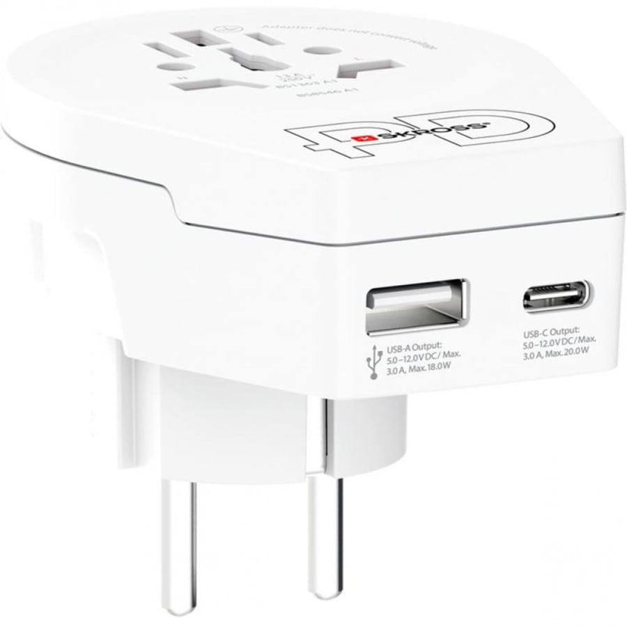 Skross 1.500295-E 20W PD, 1 USB-A, 1 USB-C, Fast Charging, World To Europe Universal Power Adapter