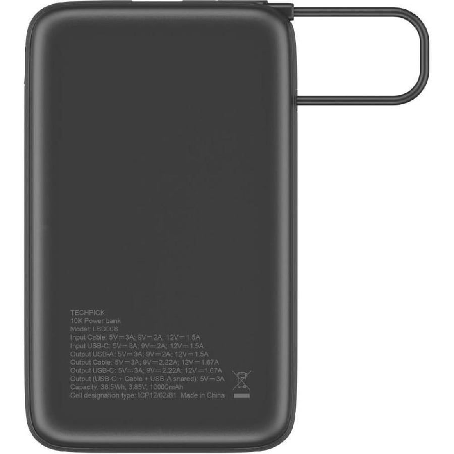 Techpick Power Bank with Built-In USB-C Cable 20W, PD Fast Charging, 10000 mAh, Dual USB-C, Black