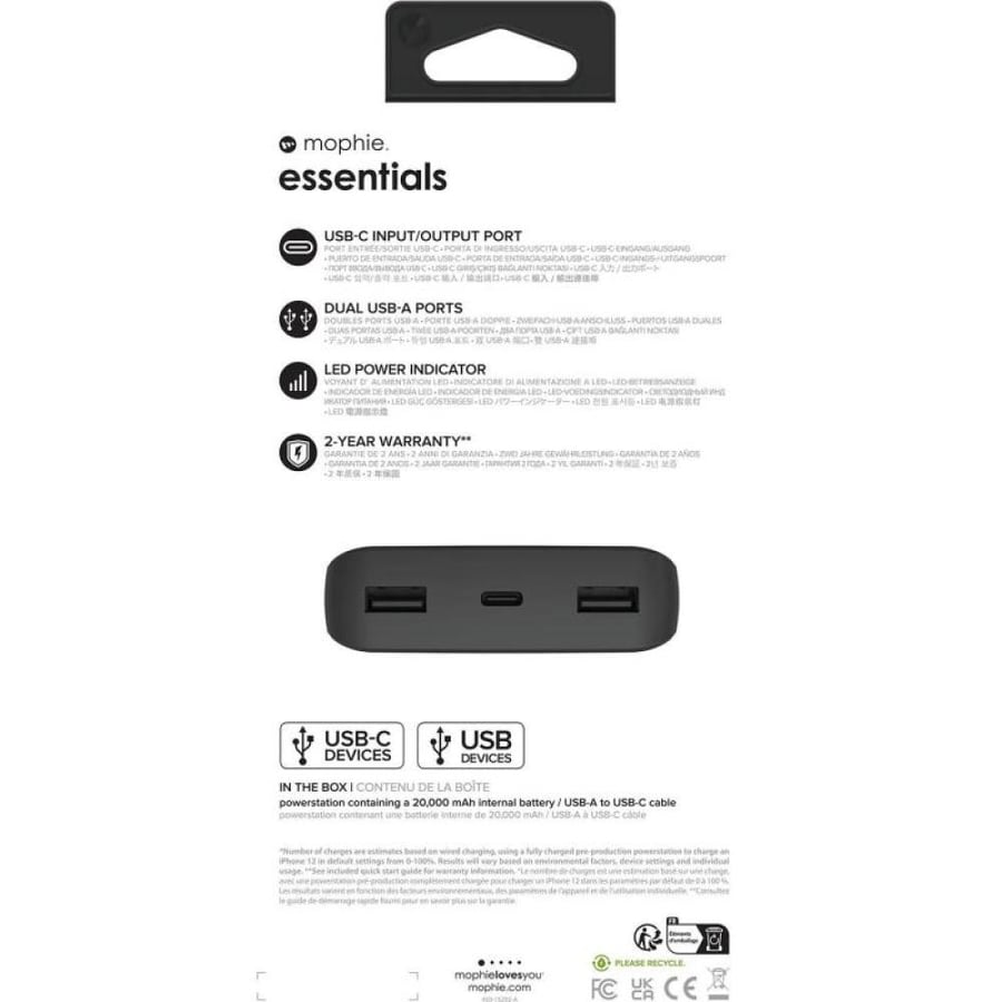 Mophie Essentials Powerstation 20K, Fast Battery Charging, 20000 mAh, 3 USB (1X USB-C/2X USB), Black