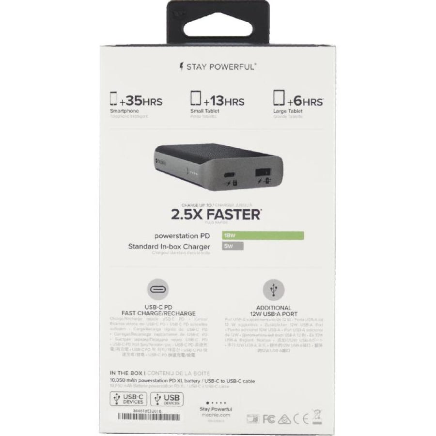 Mophie Powerstation PD XL Power Bank, Fast Battery Charging, 10050 mAh, Dual USB (USB (QC 3.0)/USB-C I/O), Black