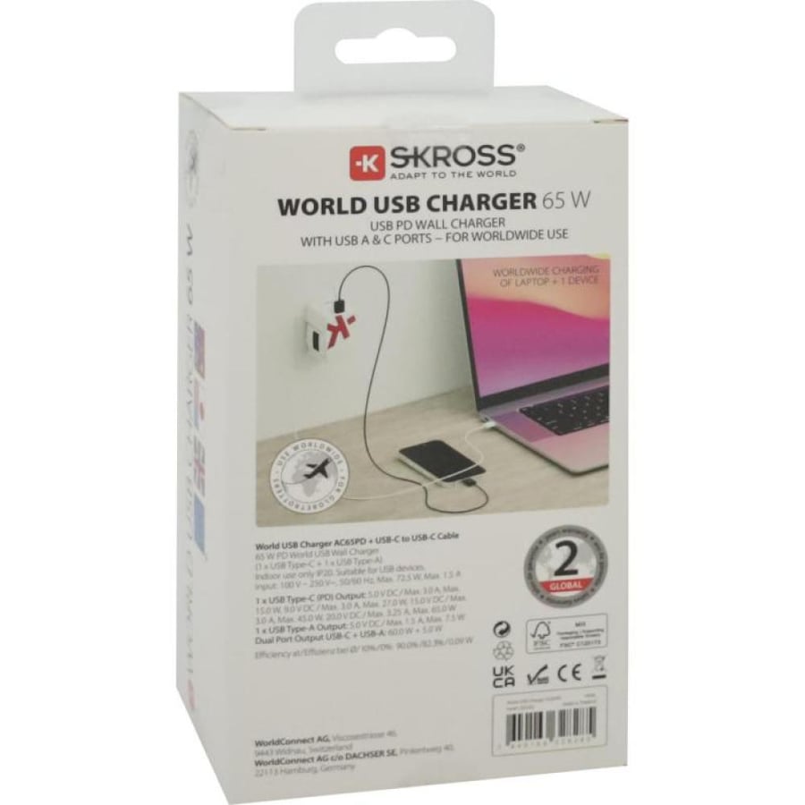 Skross 65W PD, 1 USB-A, 1 USB-C, USB-C Cable,Fast Charging Universal Power Adapter