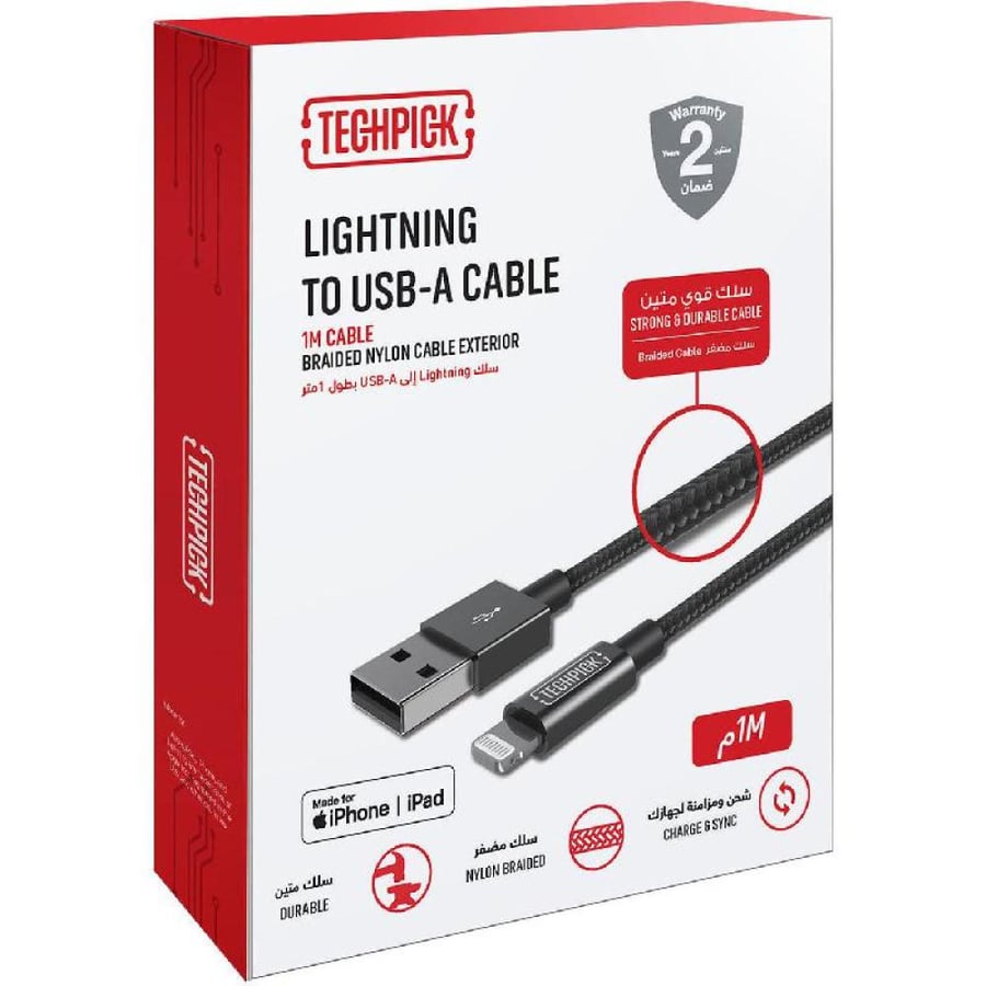 Techpick Lightning to USB Sync & Charge Cable, 1.00 m ( 3.28 ft ), Black