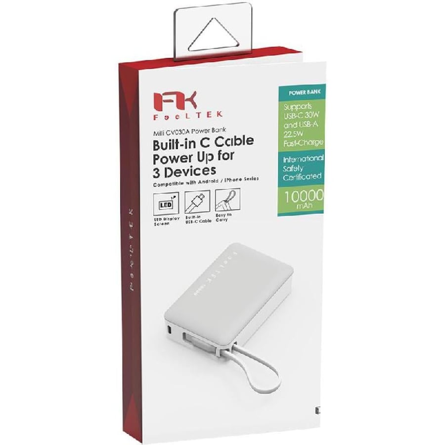 FeelTek Milli CV030A 30W Powerbank with Built-in USB-C Cable, PD Fast Charging, 10000 mAh, Dual USB (1X USB 2.0/1X USB-C), White