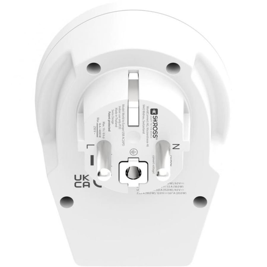 Skross 1.500295-E 20W PD, 1 USB-A, 1 USB-C, Fast Charging, World To Europe Universal Power Adapter