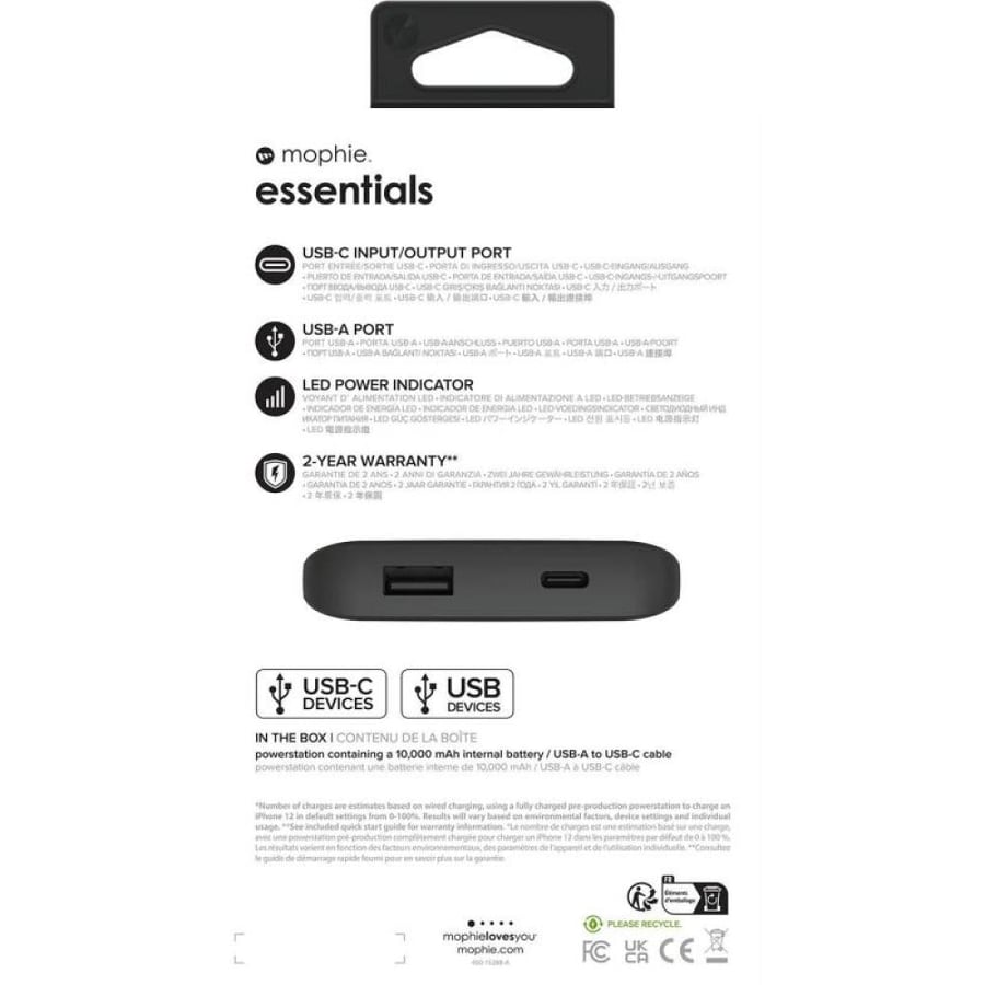 Mophie Essentials Powerstation 10K, Fast Battery Charging, 10000 mAh, Dual USB (1X USB/1X USB-C), Black