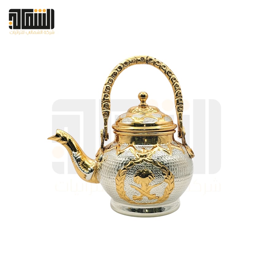 Original copper teapots, engraved with swords and palm tree in silver and gold