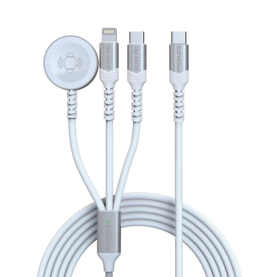 An efficient charging and data transfer experience with a 5-in-1 multi-connection cable, featuring a 60-watt power delivery for ultra-fast USB-C port, a 2.5-watt charger for Apple Watch, a 27-watt Lightning technology iPhone charger, and a 1.5-meter long 