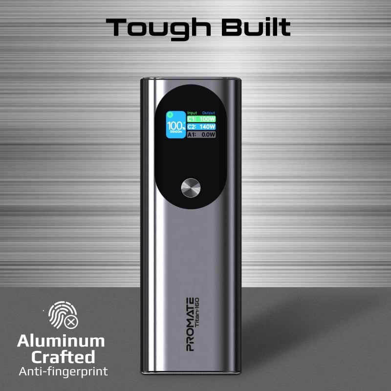 Portable battery made of heat and fire resistant treated aluminum with a capacity of 27600 milliampere hours and a power of 160 watts with PD3.1 power delivery feature in addition to a detailed LCD-TFT information screen