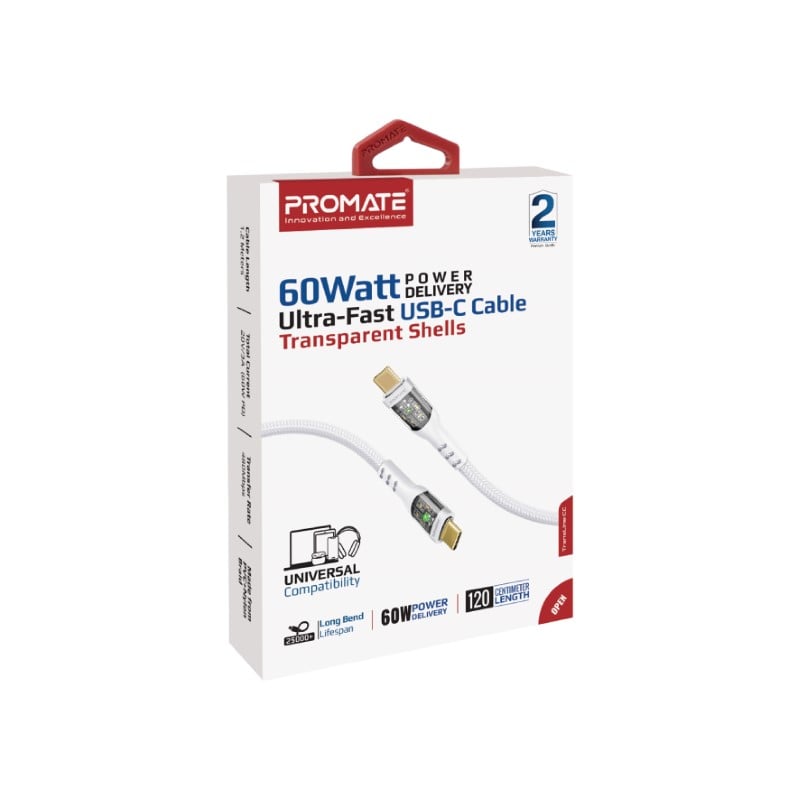 Type C super fast charging cable charges at 60 watts equipped with transparent gold-plated charging head supports data transfer and fast charging with LED light, length 1.2 meters bend resistant up to 25000 times - TransLine-CC